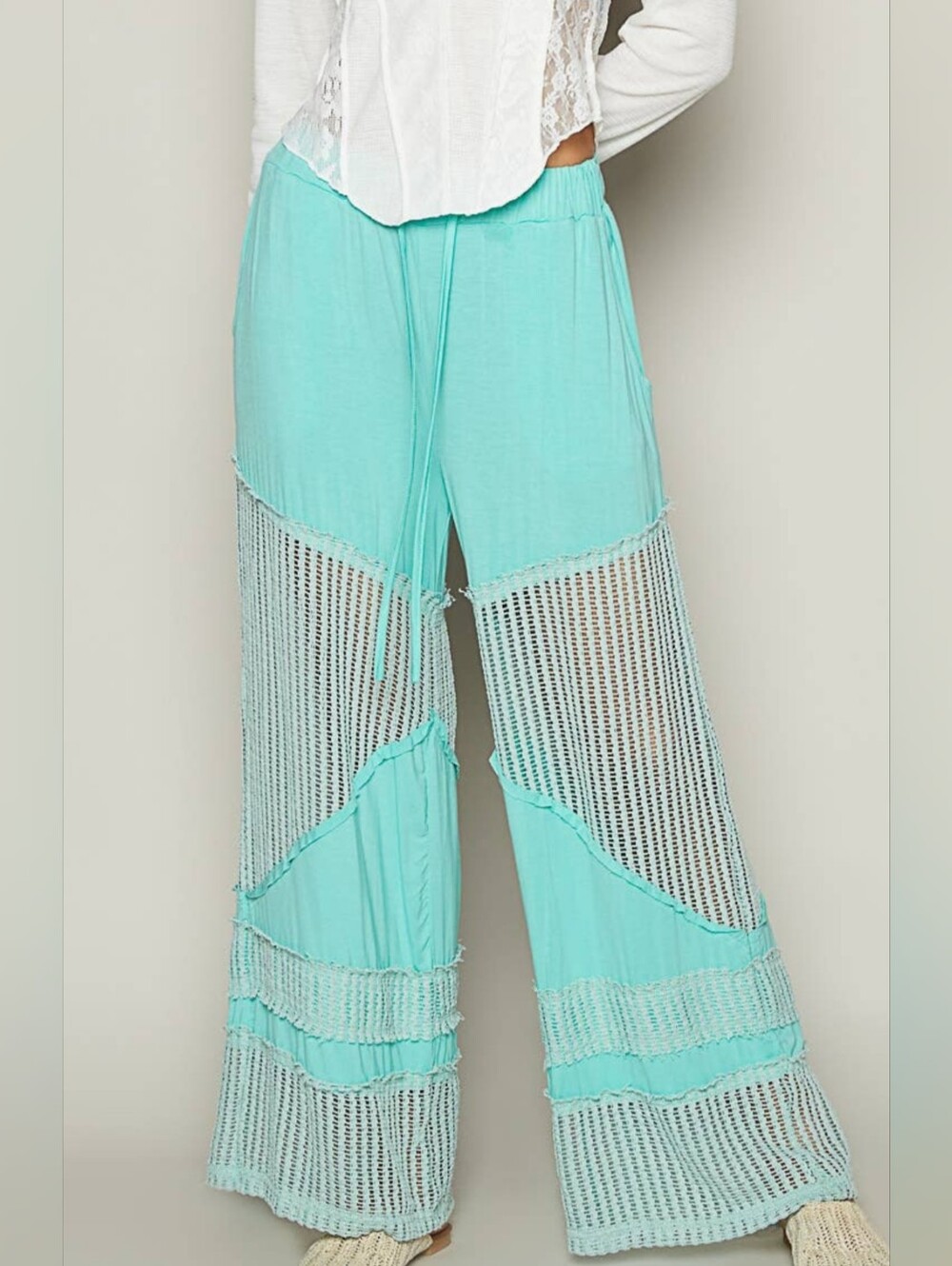 POL Mint Aqua Crochet Wide-Leg Pants - Picture 2 of 5